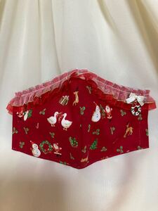 立体インナー ルシアン クリスマス柄 赤 オーガンジーギャザーレース リボン リースチャーム ハンドメイド