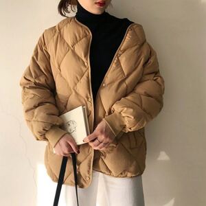 ノーカラー ダウン ジャケット アウター ブラウン