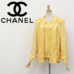  Vintage *CHANEL/ Chanel шелк цветочный принт здесь золотой . кардиган жакет & безрукавка tops ансамбль желтый 