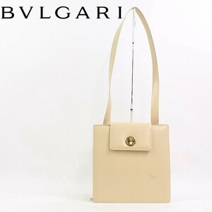 ◆BVLGARI/ブルガリ レザー ロゴゴールド金具 肩掛け ショルダー バッグ クリームベージュ