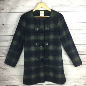 （処分市）BEAMS★チェック柄/ノーカラーダッフルコート【L/緑×紺】トグルボタン/スナップボタン/ビームスハート◆H01