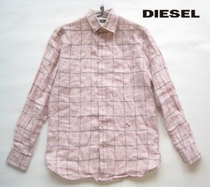 美品!!ディーゼル DIESEL*麻100% ロゴ刺繍 チェック柄長袖リネンシャツ XS 実寸S モーブピンク×黒