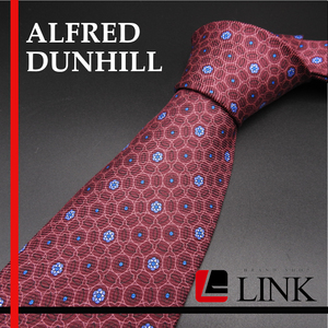 最高級シルク100%【正規品】ALFRED dunhillアルフレッド・ダンヒル ネクタイ 柄物　赤紫×ブルー　イタリア製 ビジネス　カジュアル スーツ