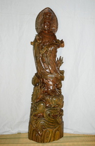 龍上聖観音 如意持 緑檀 生命の木 （生命樹） 高さ約105㎝ 一本彫り 仏像 木製　彫刻 仏教美術 長期保管品 【e1-t-33】