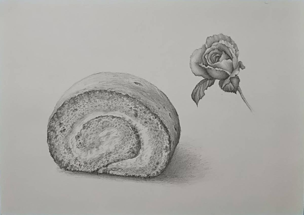 Pencil drawing by Shinsaku Roll Cake and Roses Pa-Roll-1 by Yuji Kurita Size A4 h210 xw 297 mm *Frame not included., artwork, painting, pencil drawing, charcoal drawing