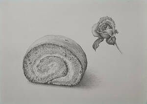  pencil sketch genuine work [ roll cake . rose Pa-Roll-1] 9 profit many .. work size A4 h210 x w 297 mm* picture frame is not attached.