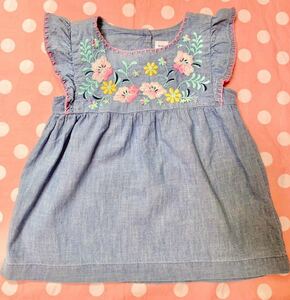 babyGap GAP girl 4years toddler floral print embroidery flower embroidery Denim frill sleeve tank top sleeve less Denim ground girl pretty summer clothing pink stitch 105cm