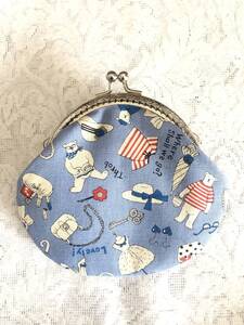 がま口 縫い付けタイプ ポーチ/ 財布 ハンドメイド 小物入れ ☆熊・水色
