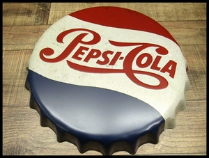 送料無料 希少 未使用 保管品 旧タイプ PEPSI COLA ペプシ コーラ ビンテージ風 立体ロゴ ボトルキャップ 王冠 ブリキ サイン 看板