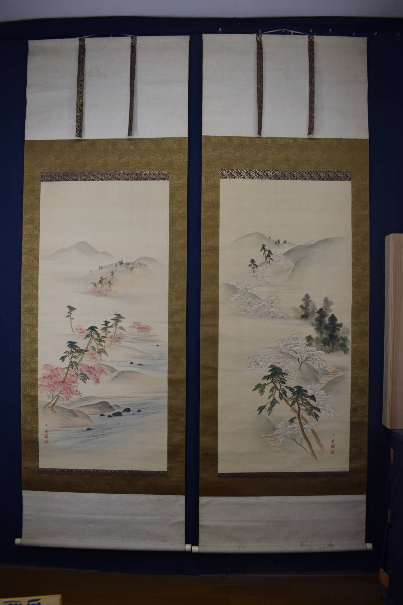 [Authentic] Yoshimura Ryosai/Takafumi/Spring and Autumn/Cherry Blossoms and Autumn Leaves/Pair of Scrolls/Hanging Scroll☆Treasure Ship☆Y-707 JM, Painting, Japanese painting, Landscape, Wind and moon