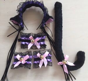 黒ネコ コスプレ セクシー メイド カチューシャ チョーカー バングル しっぽ