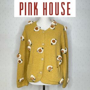 ピンクハウス pink house カーディガン お花 モチーフ 編みぐるみ イエロー ヴィンテージ 1998年 厚手