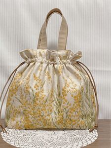 巾着バッグ 巾着トートバッグ ハンドメイド ミモザ 生成り