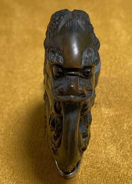 龍の根付 木製 眼球入り 柘植(つげ)繊細彫刻 年代物 骨董品 コレクターズアイテム アンモナイト型