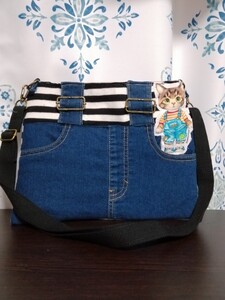 コヤンイサムチョン★*サンダーのデニムサロペッ風ボーダーサコッシュショルダー.☆.。ハンドメイド.:*・゚