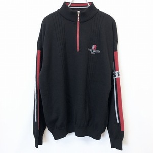 RIVER COURSE - L メンズ ゴルフ ニット セーター ハーフジップ ノースリーブの裏地付き 長袖 毛100% ブラック×レッド×ヘザーグレー 黒