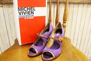 Y49★MICHEL VIVIEN/ミッシェルヴィヴィアン サテン×レザーオープンストラップパンプス ハイヒール レディース 靴 紫 37(23.5cm)★