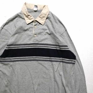 00's ギャップ GAP チェストボーダー 天竺 コットン ポロシャツ 長袖 (XL) 灰×紺 無地 00年代 旧タグ オールド