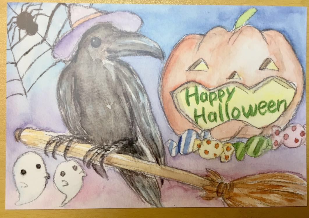 Original postcard Crow Happy Halloween illustration Watercolor painting reproduction [Shizuka Aoki] Hand-drawn illustration, comics, anime goods, hand drawn illustration