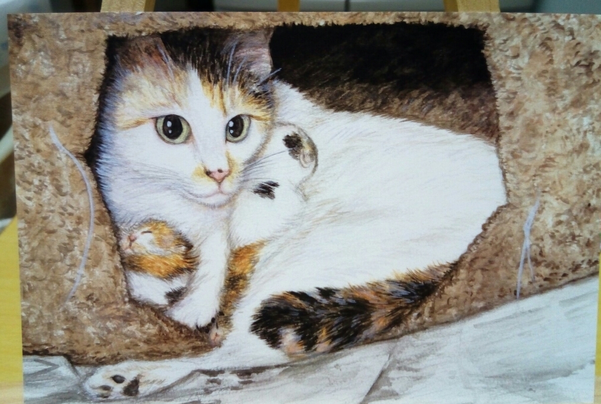 Original Hand-Drawn artwork illustration postcard cat child 2③ cat kitten watercolor painting reproduction [Shizuka Aoki], comics, anime goods, hand drawn illustration