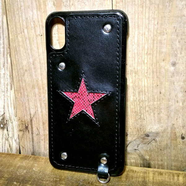 iPhone XR 用 ハードカバー レザー スマホ スマホケース ダイヤモンドパイソン バイソン スター 星型 革 牛革 ハンドメイド 赤