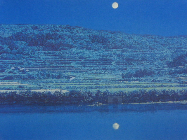 Takeshi Ushio, Lune sur les rizières en terrasses, Extrait d'un livre d'art rare, Tout neuf, encadré de haute qualité, Bonne condition, frais de port inclus, peintre japonais, coco, peinture, peinture à l'huile, Nature, Peinture de paysage