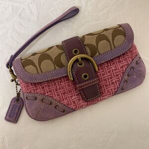 大人可愛い COACH コーチ リストレット ピンク パープル ブラウン wool シグネチャー ミニポーチ 小物入れ