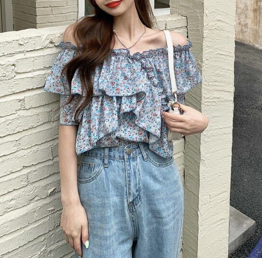 JS FASHION 小花柄フリルブラウス ブルー系