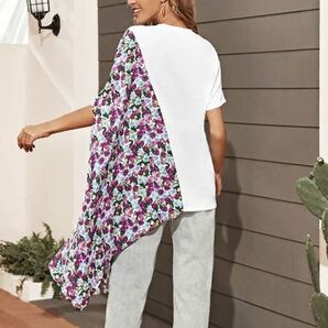 JS FASHION 花柄ドッキングカットソーTシャツ ホワイト