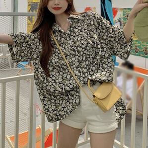 JS FASHION 花柄ブラウス 花柄オーバーサイズブラウス グリーン系