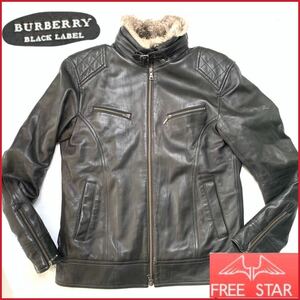 即決★BURBERRY BKACK LABEL★廃盤 L シングルライダースジャケット ファー バーバリーブラックレーベル ラムレザー レザージャケット