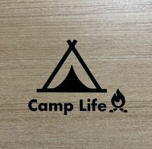 79. 【送料無料】Camp Life 焚き火 カッティングステッカー キャンプ テント アウトドア CAMP . 黒【新品】