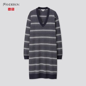 【お値下げ】新品タグ付き ユニクロ UNIQLO リネンブレンドVネックワンピース 長袖 JW ANDERSON 柔らかなシルエットで美しく Sネイビー紺色