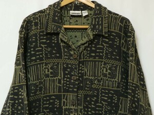 90s CHICO’S DESIGN カバーオール ワーク ジャケット チョア コート コットン 黒 ベース ブラック × オリーブ//ビンテージ 民族柄 アート