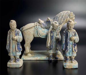  Tang blue . horse . person . China old fine art 