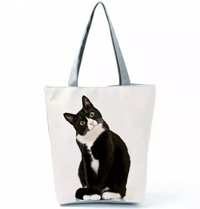 ハチワレ 猫トートバッグ エコバッグ 手提げ 通勤 通学 布製 大容量 A4