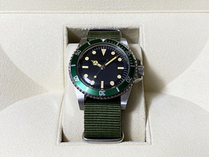ビンテージ グリーン ダイバーズ デザイン 3針 機械式 腕時計 自動巻き ノンデイト NATO G10 アンティーク [サブマリーナ オマージュ]