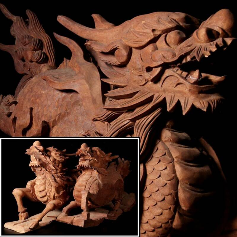 ◆楾◆2 仏教美術 木彫 麒麟置物 66cm 一対 細密彫刻 一刀彫 唐物骨董 [D268]Tg/21.12廻/FM/(170*2)