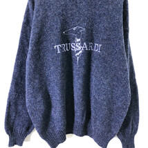 イタリア製◆TRUSSARDI トラサルディ BIGロゴ入り 刺繍 ウールニットセーター XLサイズ /オーバーサイズ/紺 ネイビー系_画像3