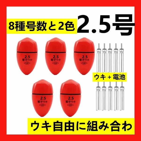 5個2.5号 赤色電子ウキ+ ウキ用ピン型電池 10個セット