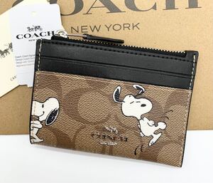 COACH スヌーピー C4593 ミニ スキニー ID パスケース シグネチャー キーリング カーキ×黒 アウトレット品