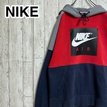 【定番アイテム】ナイキ NIKE スウェットパーカー Mサイズ レッド ネイビー ビッグロゴ 裏起毛 21-227_画像1