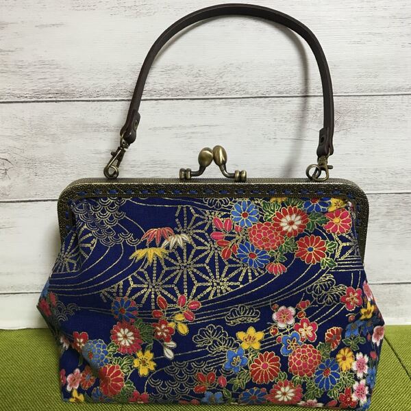 ブルー系花柄がま口バッグ ハンドメイド