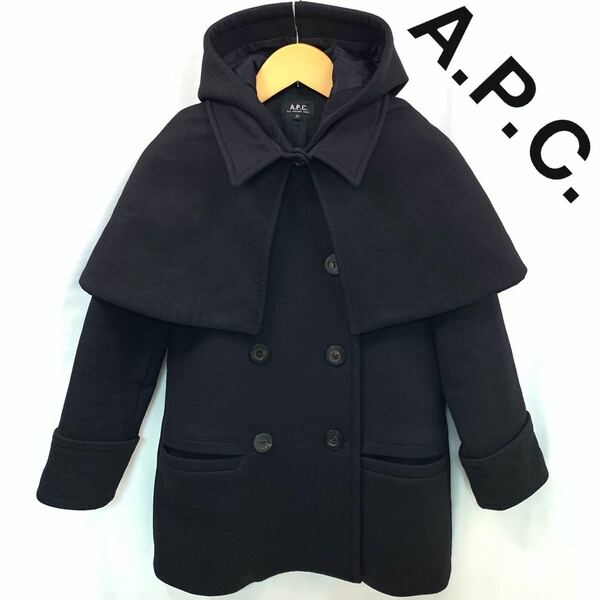 A.P.C. アーペーセー ケープカラー 2WAY コート カシミヤ &ウール混紡 ポーランド製　レディース 希少 デザイン　34 S ブラック　黒色