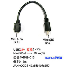 USB2.0変換ケーブル(Mini5Pin/メス)⇔(MicroB/オス)/15cm(UC-5MMB-015)