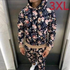 花柄 セットアップ メンズ 3XL 薄手 プリント スウェット 上下セット プルオーバーパーカー 長袖