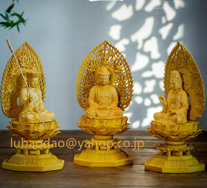 木彫り 仏像 娑婆三聖座像一式 彫刻 一刀彫 天然木 檜材
