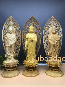 西方三聖 阿弥陀如来三尊 観音菩薩 阿弥陀如来 勢至菩薩 木彫仏像 仏教美術 細密彫刻 置物