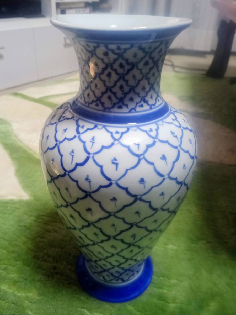 Vase Grande Poterie Bleue et Blanche - Bleu &Blanc Indigo Teint Main Peint Ananas Motif Jaune &Blanc Jardinage Fait Main Ikebana, meubles, intérieur, accessoires d'intérieur, vase