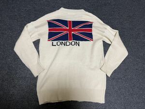 長袖ロングカーディガン トップス カットソー ニットセーター Londonロゴ刺繍 英国旗 クリームベージュアイボリー 海外 赤青 上着 ロンドン